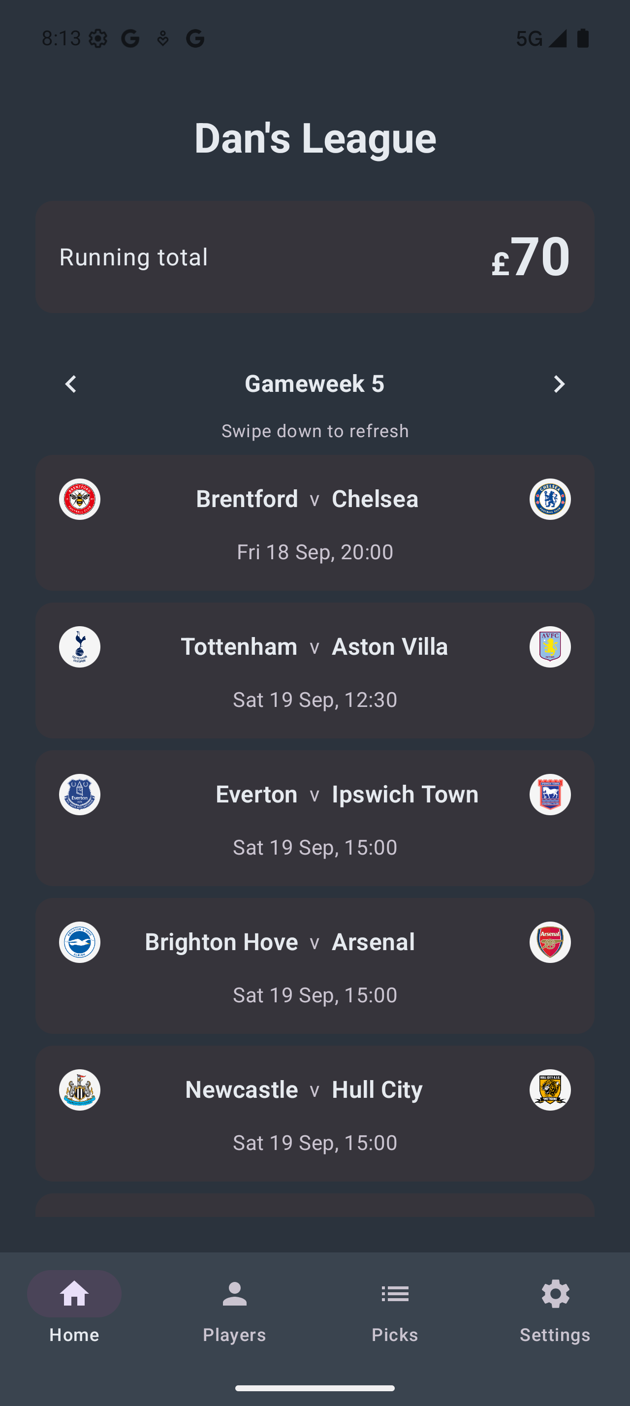 Last Man Standing app — league home screen showing gameweek fixtures